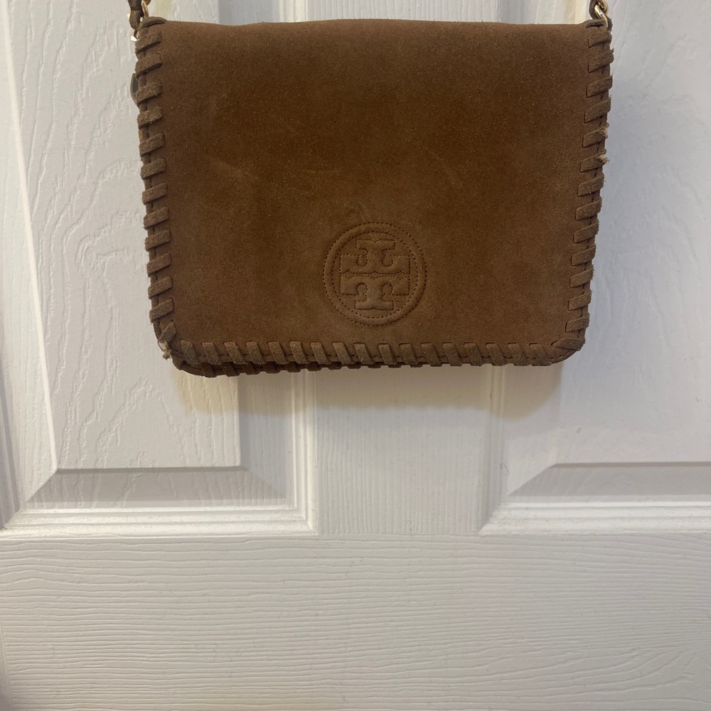 Tory Burch Brown whipstitch-trimmed Suede Shoulder Bag